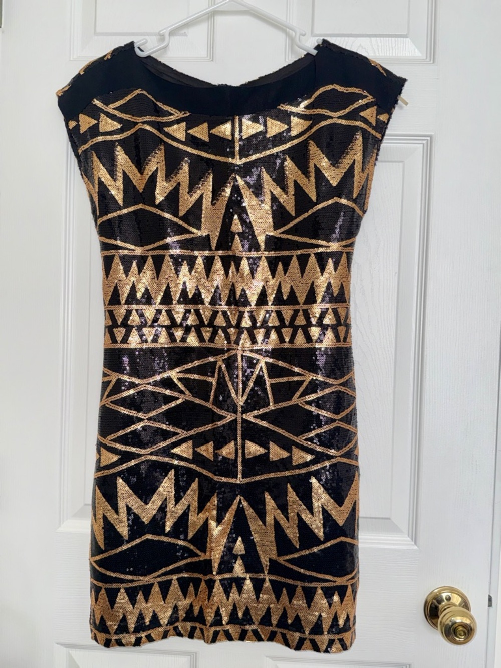 Mono B Black Mini Dress with Gold Sequin Geometric Pattern
